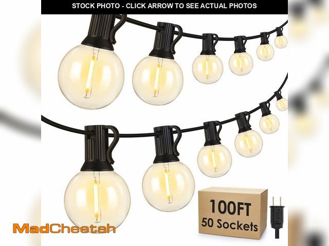 Lot 74-12439593 - Mlambert 100Ft LED Outdoor String Lights, Dimmable Patio Lights, Waterproof Shatterproof 53 G40 Glob...