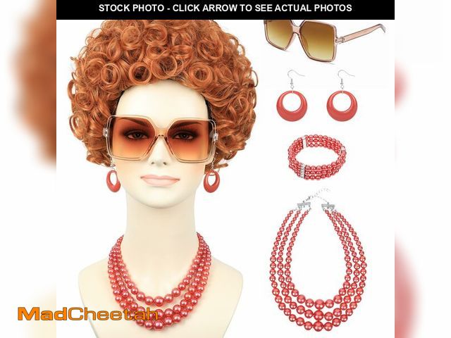 Lot 74-12975518 - morvally Short Red Orange Curly Wig for Women Costume with Sunglasses and Jewelry Reddish Orange Syn...