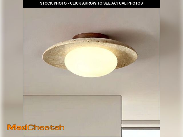 Lot 74-12707502 - WOSBO Yellow Travertine Ceiling Light, 9.8" Wabi Sabi Light Fixture with Round Travertine Stone Lamp...