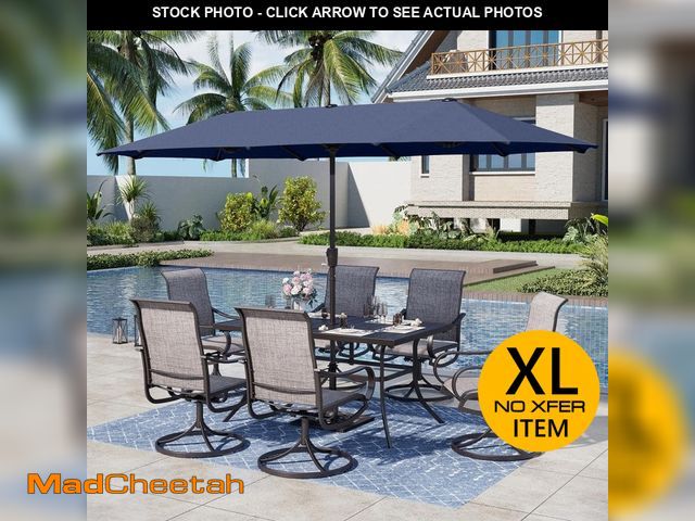 Lot 74-14115308 - Black 8-Piece Metal Rectangle Patio Outdoor Dining Set with Table, Umbrella and Textilene Swivel Cha...