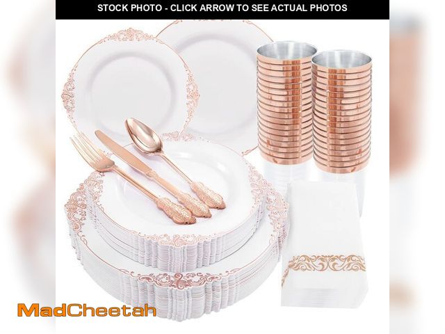 Lot 74-14211511 - Morejoy 175PCS Rose Gold Plastic Plates &amp; Plastic Silverware inculdes: 25 Dinner Plates,25 Desse...