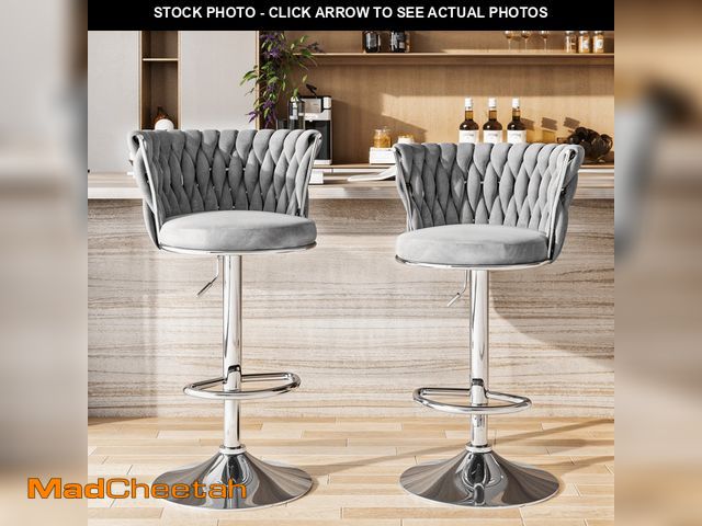 Lot 74-12803845 - Baxluxe Gray Bar Stools Set of 2, Swivel Velvet Counter Height Bar Chairs Pub Stools, Adjustable Hig...