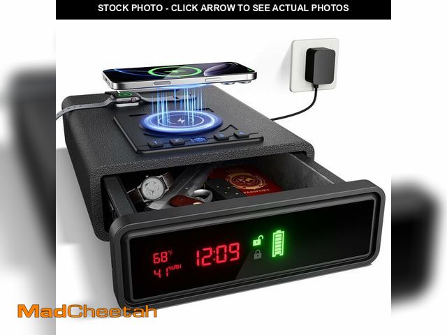 Lot 74-12709959 - Biometric Alarm Clock Safe with Wireless Charging for Phone and Watch, 3 Quick Access Stopbox with F...