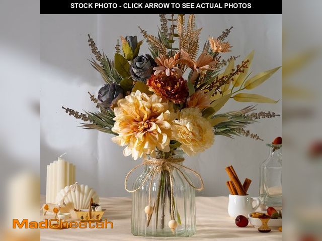 Lot 74-14477890 - LESING Dahlia Flower Aritificial Flower with Vase Fake Silk Flowers in Glass Vase Faux Rose Flowers ...