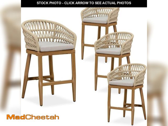 Lot 74-14244394 - Modern Aluminum Rattan Counter Height Outdoor Bar Stool with Back and Beige Cushion (2-Pack) - UNUSE...