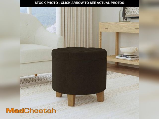 Lot 74-12584747 - Homepop Button Tufted Brown Velvet Round Storage Ottoman with Lift-Off Lid - UNUSED