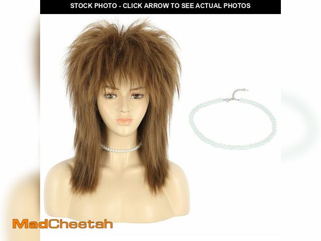 Lot 74-13997449 - VGbeaty 70s 80s Mullet Women Shoulder Length Straight Brown Wig with Necklace Rock Disco Cosplay Par...