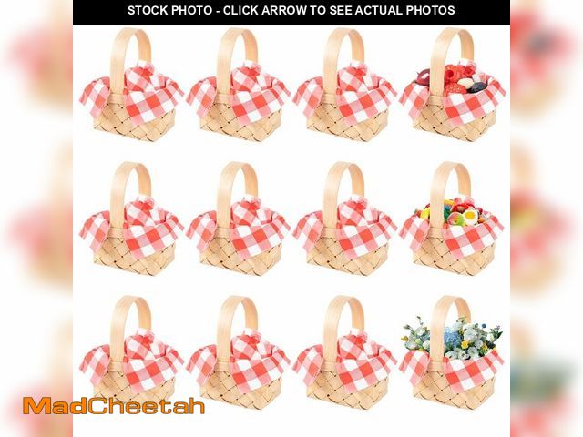 Lot 74-12715293 - NeusWonder 12 PCS Mini Woven Wooden Baskets with Handles Includes 20 Red Plaid Napkins Mini Dollhous...