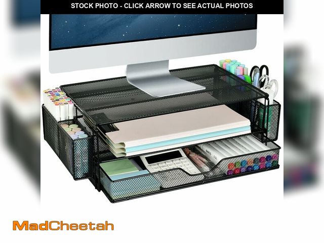 Lot 74-13712285 - AUPSEN 2 Tier Computer Monitor Stands with Drawer and 2 Pencil Holder, Metal Monitor Stand Monitor r...