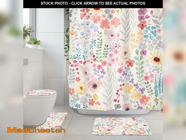 Lot 74-12705323 - Riyidecor Pink Girls Floral Cute 4Pcs Shower Curtain Set with Toilet Lid Cover and Non-Slip Rugs,Flo...