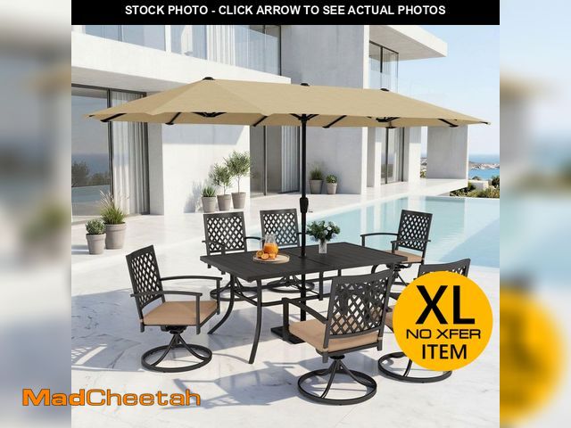 Lot 74-14306484 - PHI VILLA 8-Piece Metal Patio Outdoor Dining Set with Swivel Chairs with Beige Cushions and Umbrella...