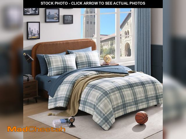 Lot 74-12432597 - AMBERSPACE Full Size Comforter Sets, Blue Grey Plaid Bedding Set 7 Piece for Boys Girls Teen, Classi...