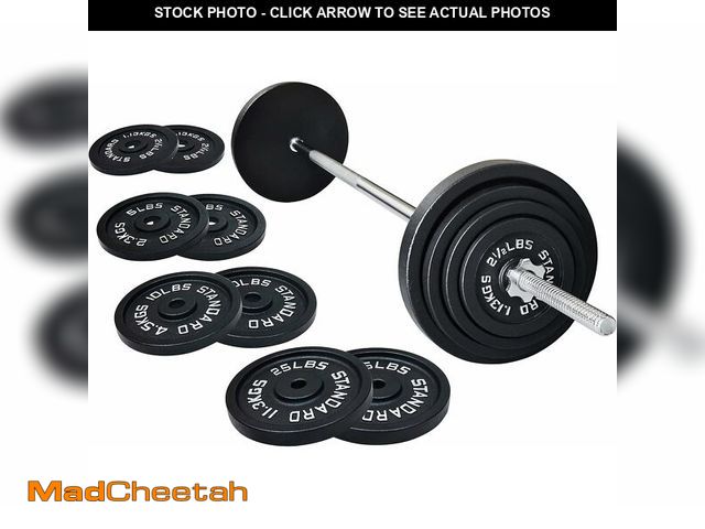Lot 74-14614634 - (MISSING 2 WEIGHTS) Fitvids Cast Iron Standard Weight Plates Including 5FT Standard Barbell with Sta...