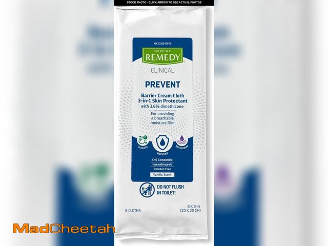Lot 74-12396824 - Medline Remedy Clinical 3-in-1 Barrier Cream Cloth, 8 count (32 Packs), 8 x 8 in Adult Wet Wipes, Va...
