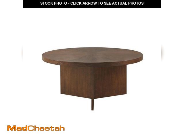 Lot 74-12316297 - Martha Stewart Sadie Round Wood Coffee Table with Starburst Pattern Top Simple Pedestal Stand, Circu...
