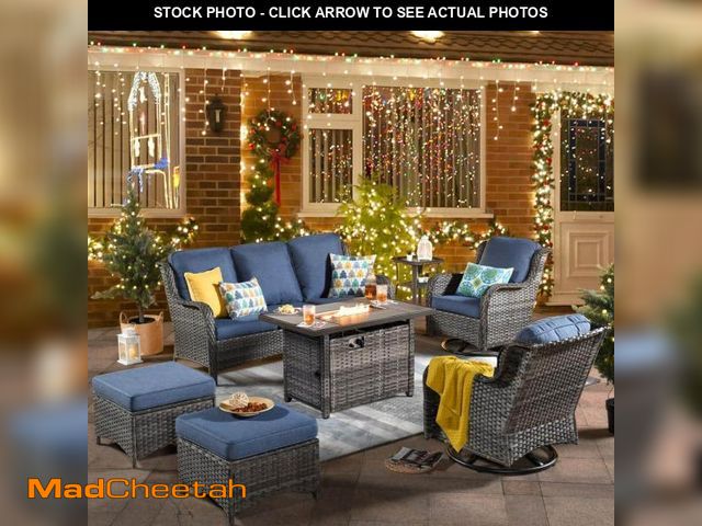 Lot 74-12424828 - *SEE DETAILS* OVIOS Joyoung Gray 7-Piece Wicker Patio Rectangle Fire Pit Conversation Set with Denim...