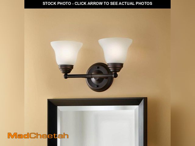 Lot 74-12692356 - Hampton Bay Ashhurst 2-Light Oil Rubbed Bronze Vanity Light with Frosted Glass Shades - UNUSED