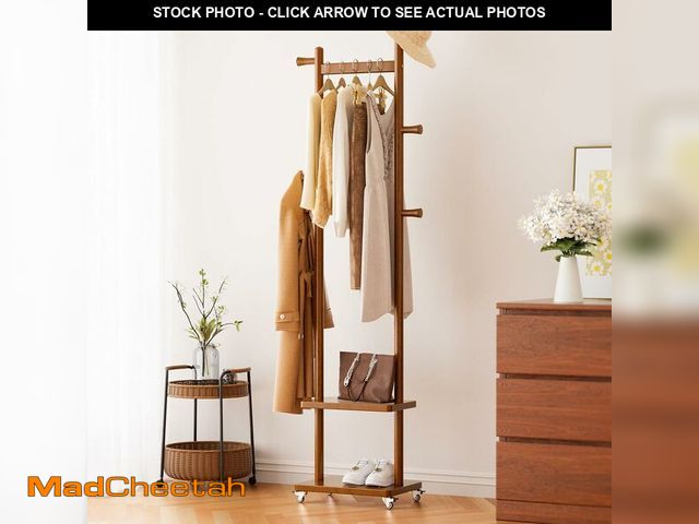 Lot 74-13697138 - Solid Wood Coat Rack Freestanding Clothing Rack with Wheels &amp; 2 Shelves Storage &amp; 5 Hooks He...