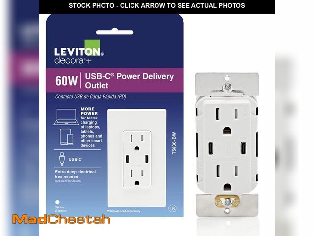 Lot 74-12854564 - Leviton Decora 15 Amp Tamper Resistant Duplex Outlet with 60W USB-C Power Delivery Charger, White (1...