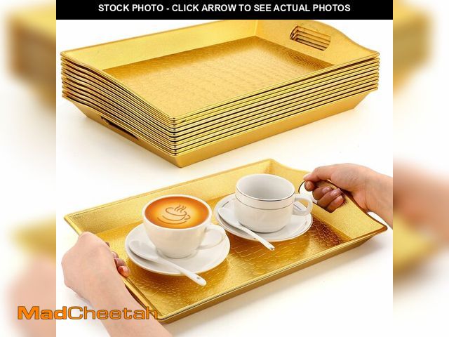 Lot 74-13630725 - Teecyhooo 10 Pack Gold Plastic Serving Trays with Handles 15x9.8 Large Reusable Portable Rectangular...