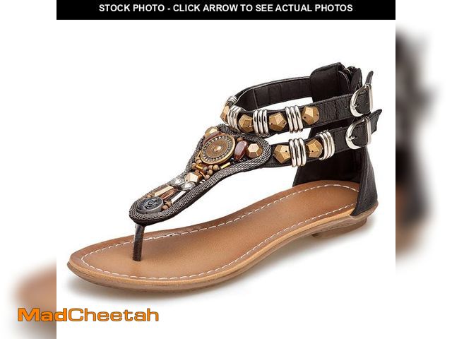 Lot 74-12308061 - iCKER Women's Ankle Gladiator Sandals Beach Bohemia Thong Flat Sandal Shoes 0989-Black-8.5 - UNUSED