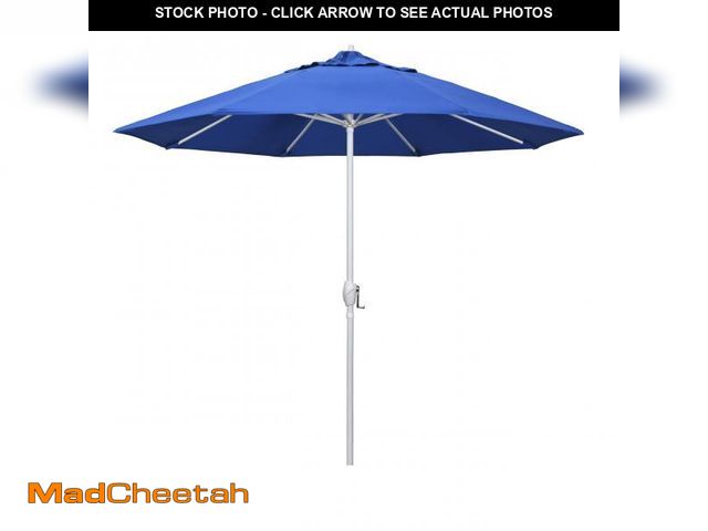 Lot 74-12292607 - California Umbrella 9' Rd Aluminum Patio Umbrella, Crank Lift, Auto Tilt, White Finish, Royal Blue -...