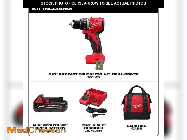 Lot 74-14314515 - (SMALL HOLE IN BAG) Milwaukee M18 18V Lithium-Ion Brushless Cordless 1/2 in. Compact Drill/Driver wi...