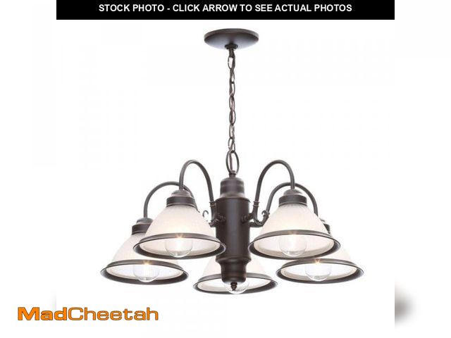 Lot 74-12390273 - Hampton Bay Halophane 5-Light Oil Rubbed Bronze Chandelier with Frosted Ribbed Glass Shades - UNUSED