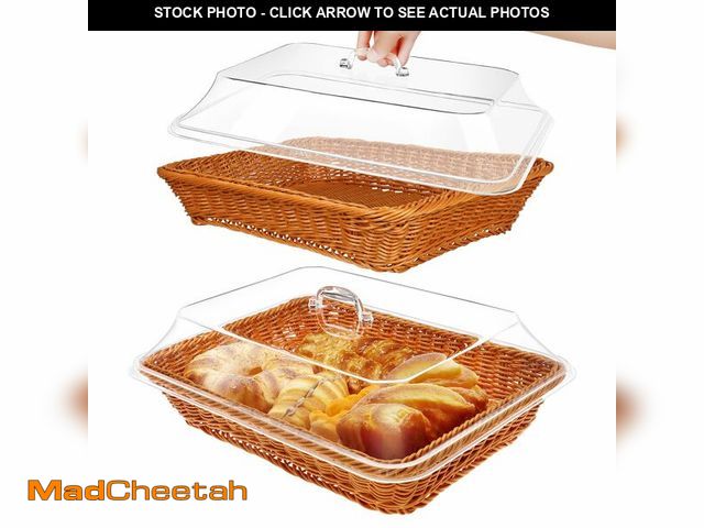 Lot 74-14205156 - 2 Pcs Rattan Bread Basket 15.7 x 11.8 Inch Woven Imitation Rattan Fruit Basket with Acrylic Lid Wick...