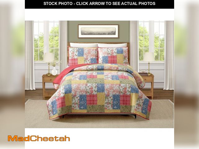 Lot 74-13418877 - Farmhouse Florals Quilt with 2 Shams, Patchwork Printed 3-Piece All Seasons Microfiber Quilt Set, Li...