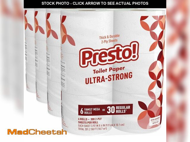 Lot 74-13819375 - Brand - Presto! Ultra-Strong 2-Ply Toilet Paper, 24 Mega Rolls = 120 Regular Rolls, 308 Sheets Per R...