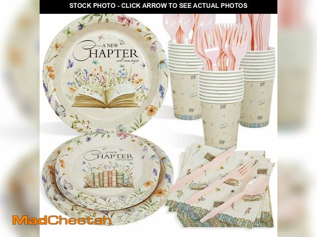 Lot 74-13712920 - Book Themed Party Decorations Plates Set, 175pcs A New Chapter Begins Plates Cups Napkins Cutlery Se...
