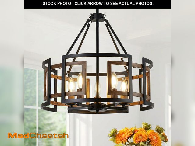 Lot 74-14329963 - 20" Dining Room Light Fixture/Chandelier Over Table, 5-Light Black &amp; Wood Grain Farmhouse Chande...