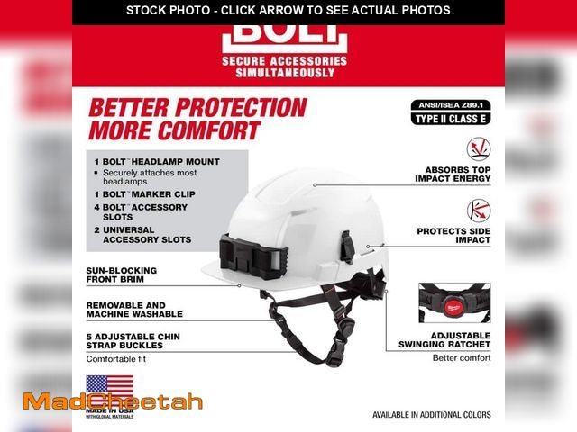 Lot 74-12791391 - Milwaukee BOLT White Type 2 Class E Front Brim Non-Vented Safety Helmet - USED