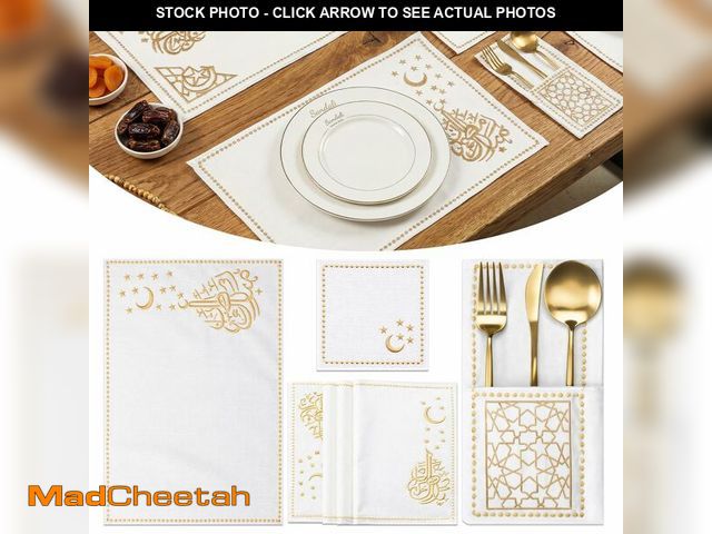 Lot 74-13632309 - Yungyan Ramadan Table Decor Set of 6, 19 Pcs Islamic Embroidery Linen Placemats with Table Runner, P...