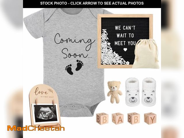 Lot 74-14205753 - 9 Pcs Pregnancy Announcements Set, Include Felt Letter Board Baby Bodysuit Shoes and Wooden Sign Sur...