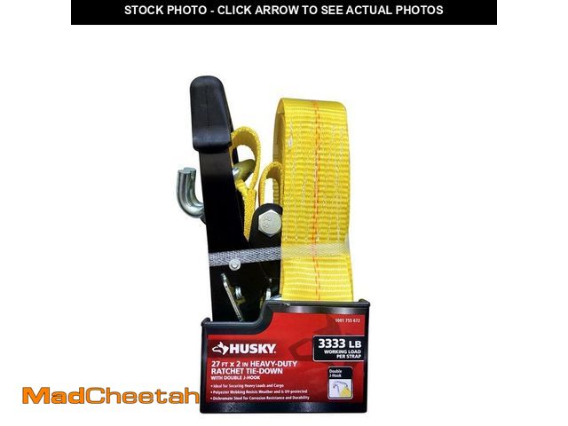 Lot 74-13050574 - Husky 27 ft. x 2 in. Heavy-Duty Ratchet Tie-Down with J Hook (3-Pack) - UNUSED