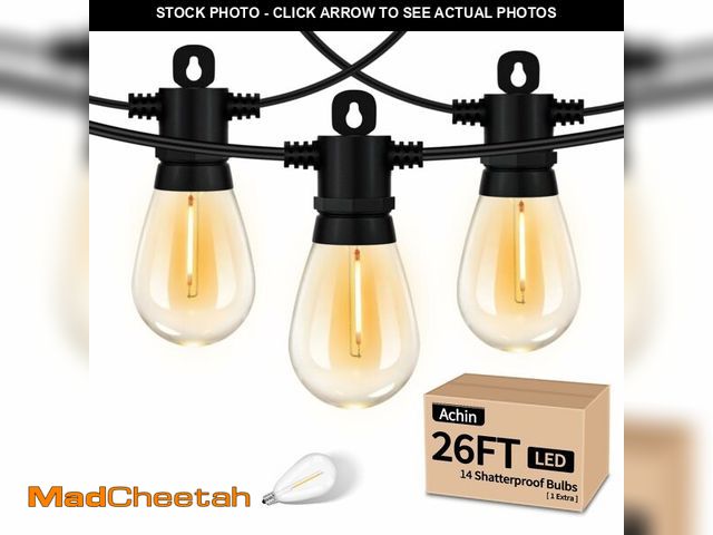 Lot 74-12968944 - Achin 26FT LED Outdoor String Lights, Patio Lights Waterproof with 13+1 S14 Edison Shatterproof Bulb...