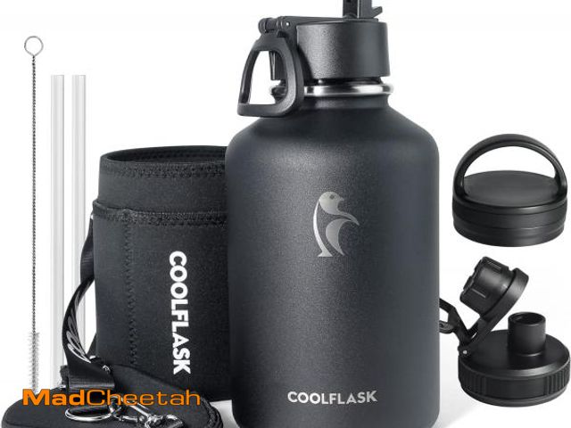 Lot 74-12325071 - Coolflask 64 oz Insulated Water Bottle with Strap &amp; Sleeve, Half Gallon Water Jug 3 Lids Stainle...