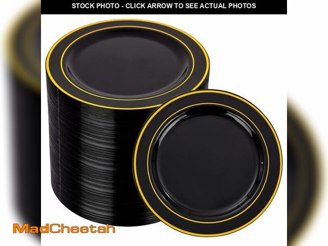 Lot 74-14378837 - bUCLA 100PCS Black and Gold Plastic Plates - 6.25 inch Black Gold Premium Hard Disposable Dessert/Sa...