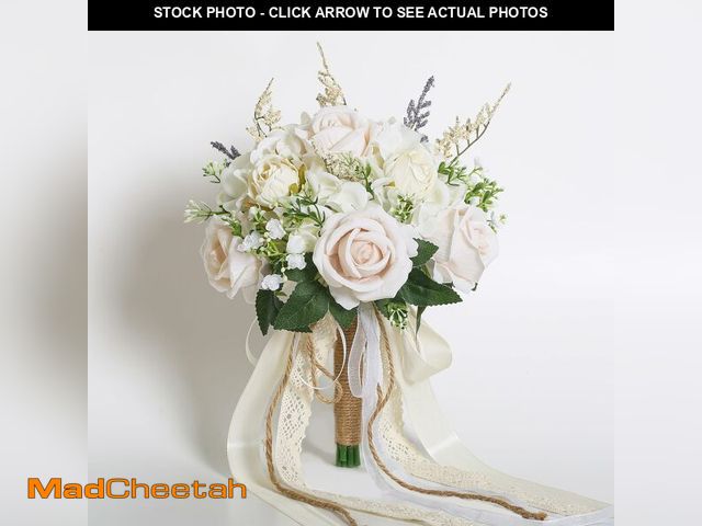 Lot 74-14208469 - EZsenses Wedding Bouquets for Bride Bridesmaid, White Champagne Artificial Roses Flowers with Ribbon...