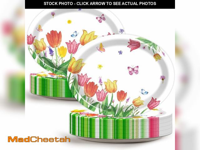 Lot 74-12684495 - Qyeahkj 50 Pcs Spring Tulip Oval Paper Plates Large 11 Disposable Tulip Flower Party Decorations Flo...