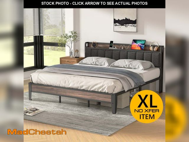 Lot 74-12648093 - Lusimo King Bed Frame with Headboard and Charging Station, Modern Fabric Upholstered Metal Platform ...