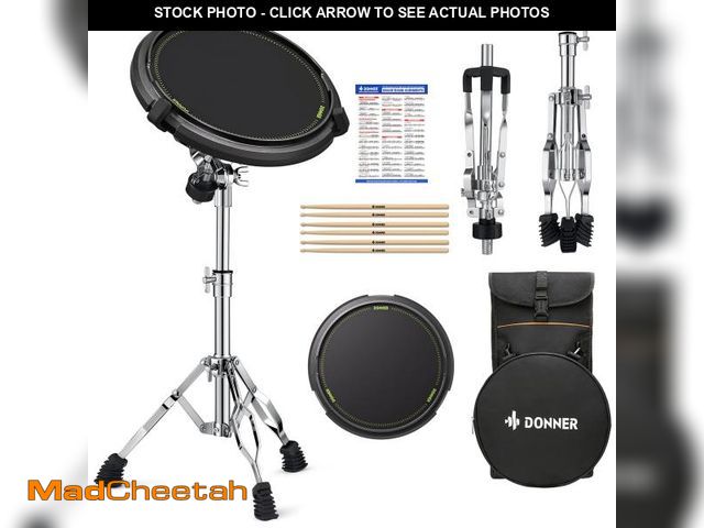 Lot 74-11548970 - Donner Drum Practice Kit - Snare Stand + 12'' Marching Pad, Drumsticks, Backpack - Fits 10''-14'' Dr...