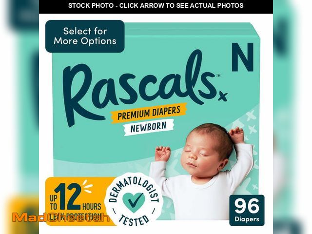 Lot 74-12688582 - Rascals Premium Newborn Absorbent Baby Diapers Newborn, 96 Count (Select for More Options) - UNUSED