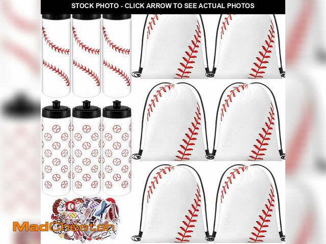 Lot 74-12436278 - Funnymoom 12 Pcs 20 Oz Baseball Water Bottles Bulk with Drawstring Bag 50 Sticker Set Baseball Squee...