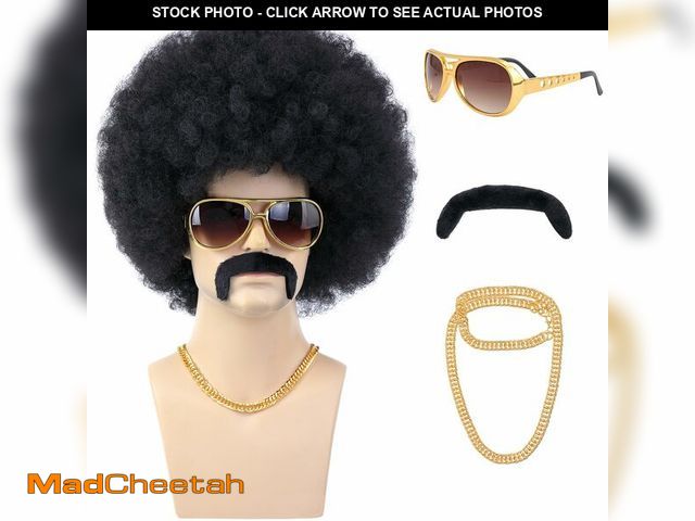 Lot 74-13717730 - morvally 70s Black Afro Wig for Men with Glasses Chain and Mustache Mens Short Black Curly Disco Cos...
