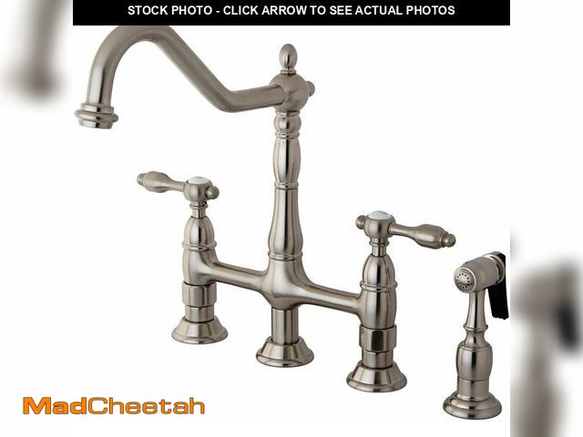 Lot 74-14067387 - Kingston Brass KS1278TALBS Tudor 8 Inch Center Kitchen Faucet With Brass Sprayer, Brushed Nickel, 8-...