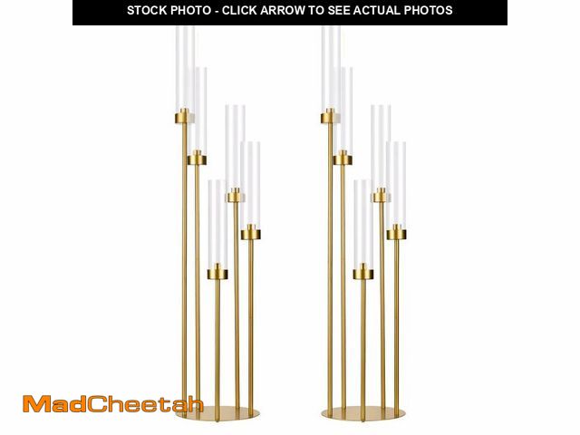 Lot 74-13711356 - 2PCS Gold Floor Candelabra,5 Arm Candle Holder Tall Floor Candle Holder with Acrylic Lampshade for W...