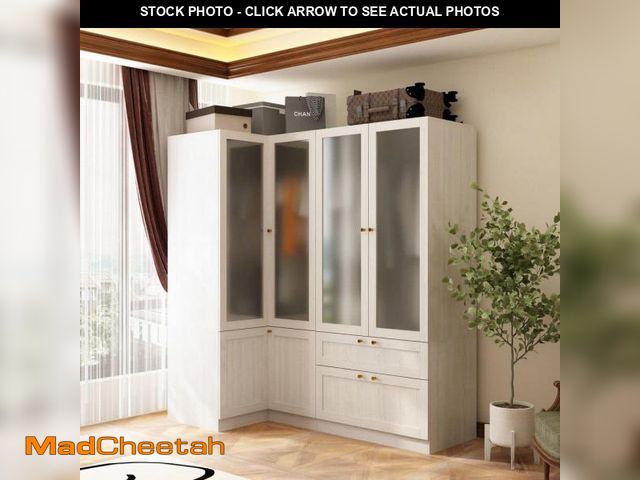 Lot 74-12491920 - FUFU&amp;GAGA Light Oak Wood 66.9 in. Bedroom Wardrobe with Tempered Glass Doors, Corner Unit, Hangi...